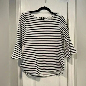 Green Envelope Black White Striped Zip Back Flared Sleeve Blouse Size Small